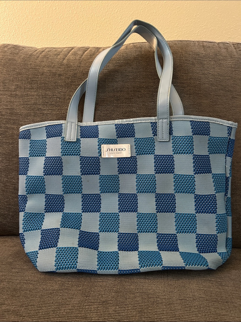 Shiseido Two-Tone Blue Checkered Tote
